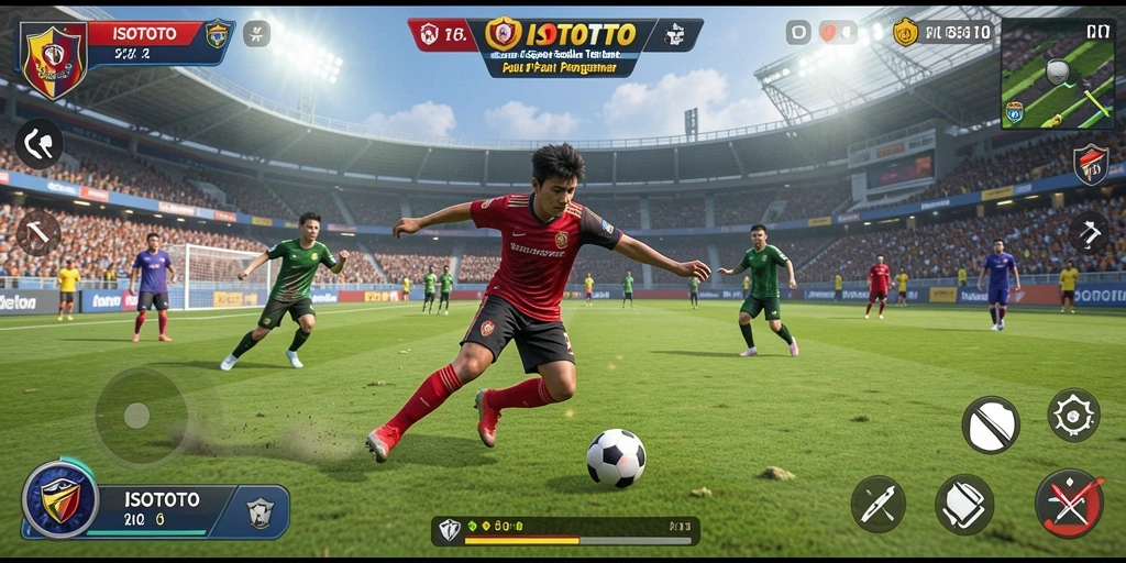 Screenshot menunjukkan aksi intens dari gameplay sepak bola yang seru.