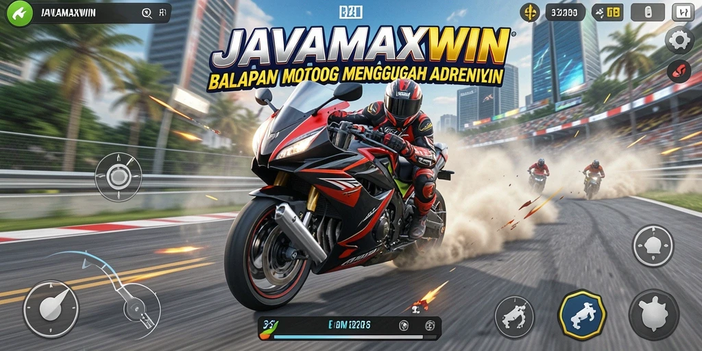 Tampilan gameplay seru di JAVAMAXWIN yang menampilkan aksi balapan motor.