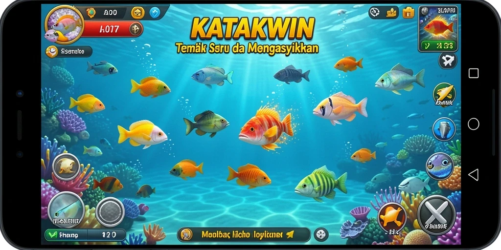 Tangkapan layar gameplay KATAKWIN yang menampilkan aksi tembak ikan.