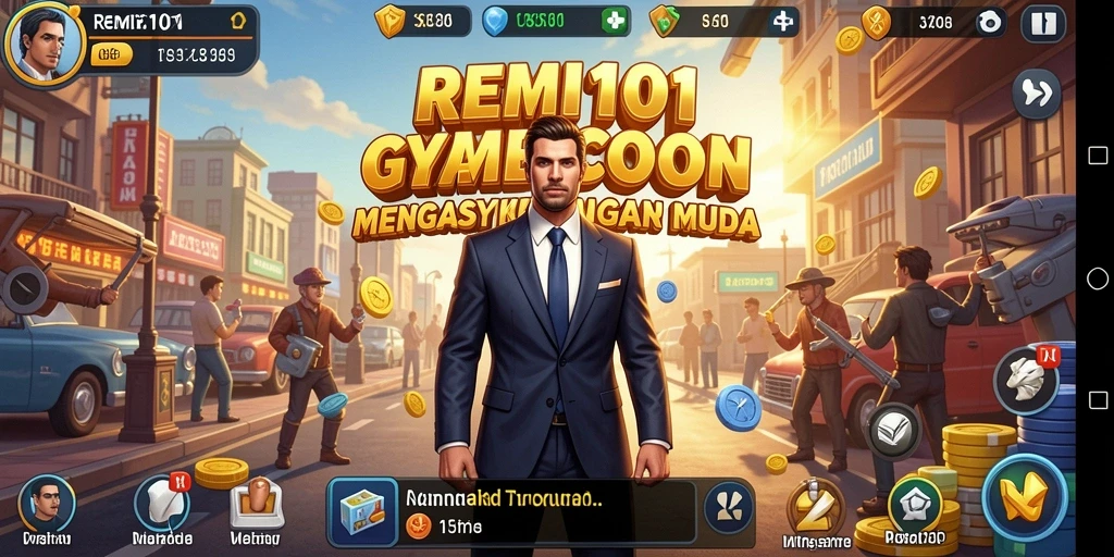 Screenshot gameplay REMI101 yang menunjukkan pembangunan bisnis Tycoon yang seru.