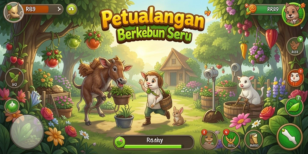 Screenshot gameplay RR89 yang menunjukkan kebun yang indah dan interaksi dengan hewan.