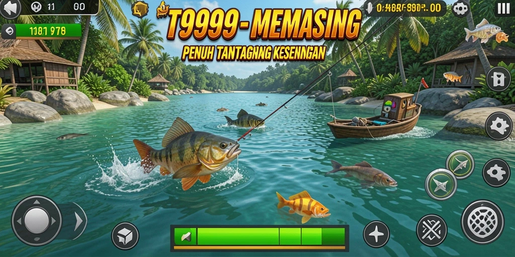 Screenshot T9999 menampilkan pemain yang sedang asyik memancing di danau yang indah.